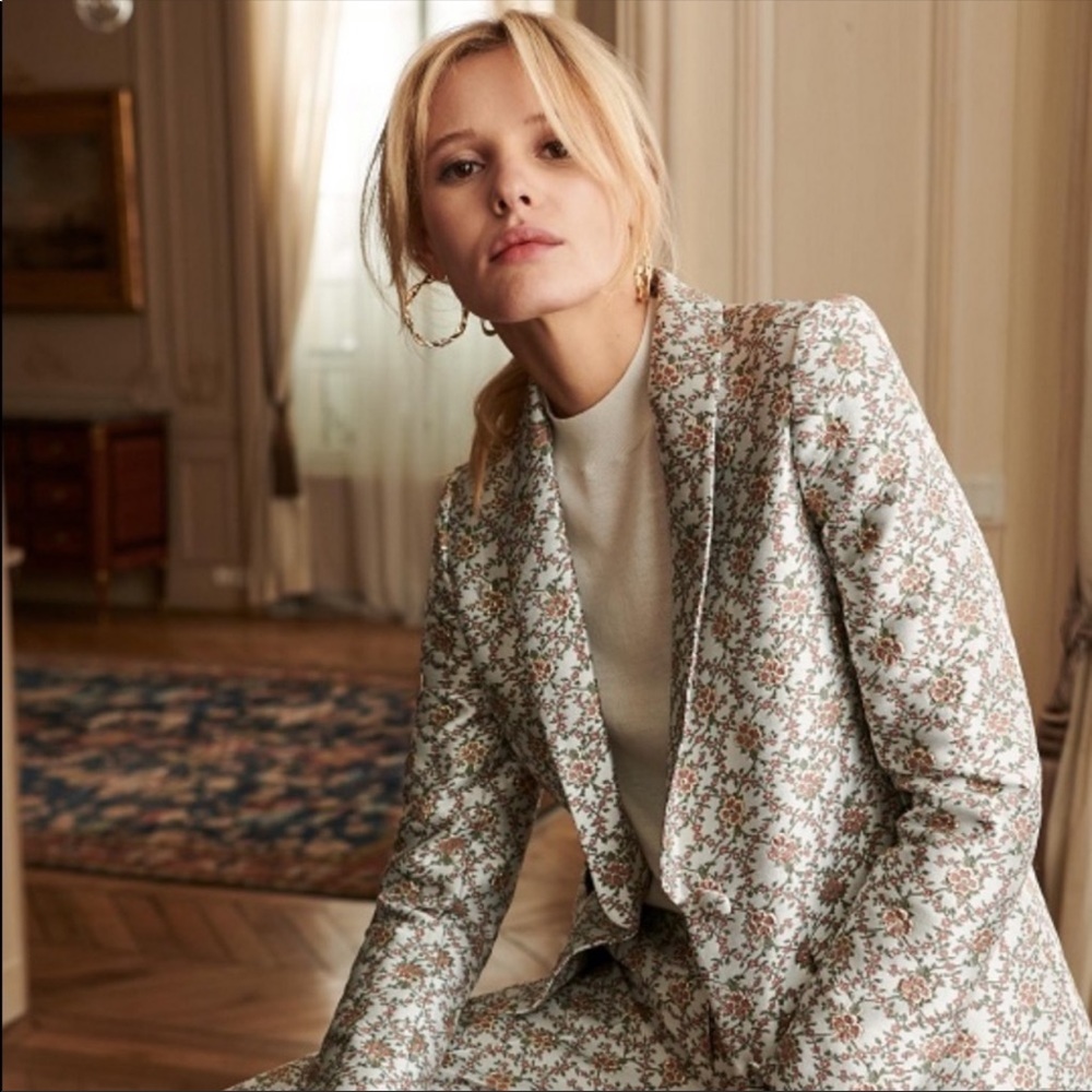 Sezane Floral Cream and Green Blazer